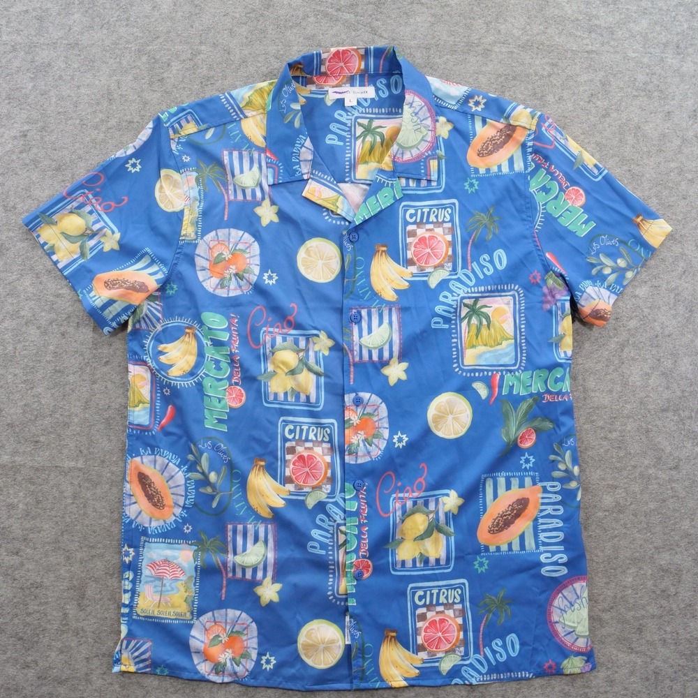 Vintage Summer Shirt Mens Large Blue Button Fruit Hawaiian Print New